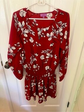 Red Floral Long Sleeve Tiered Dress, Size XL